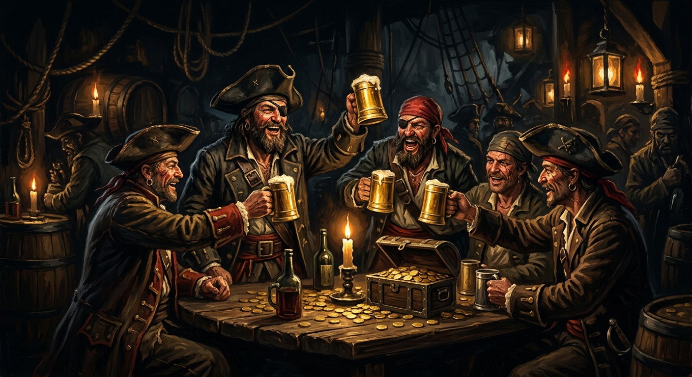 L'équipage réuni à la taverne, chopes levées